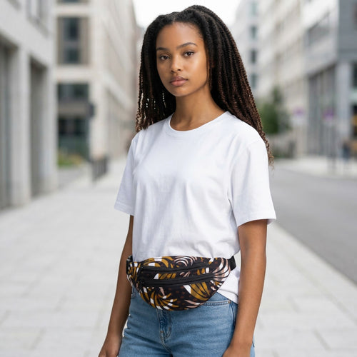 Afrikaanse print heuptasje / Fanny pack - Mix Bruine Feathers - Festival tasje met verstelbare band