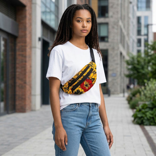 Afrikaanse print heuptasje / Fanny pack - Gele / rode bloem - Festival tasje met verstelbare band