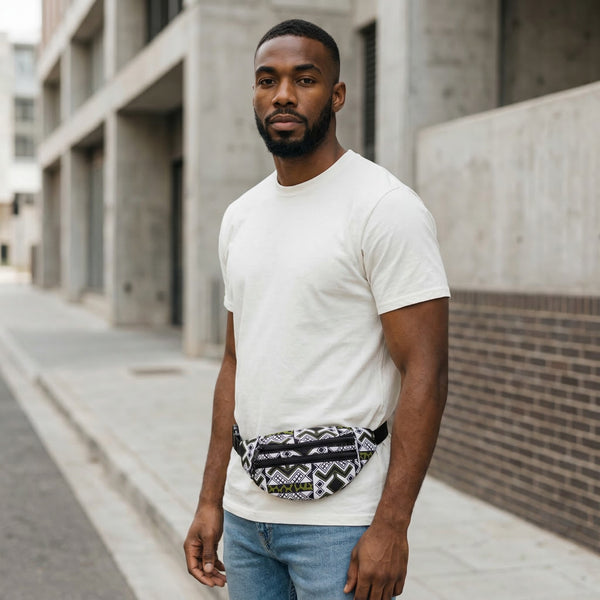 Afrikaanse print heuptasje / Fanny pack - Wit groene bogolan - Festival tasje met verstelbare band