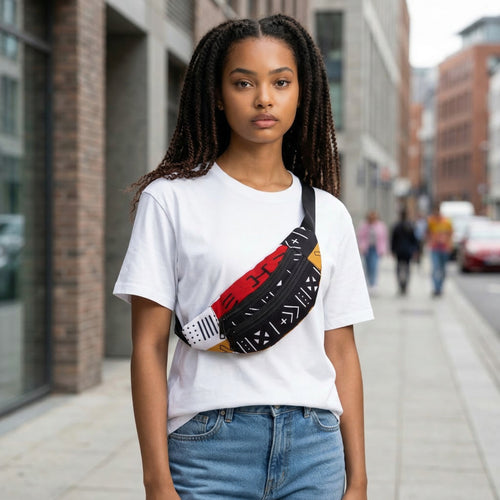 Afrikaanse print heuptasje / Fanny pack - Rode Bogolan Symbols - Festival tasje met verstelbare band