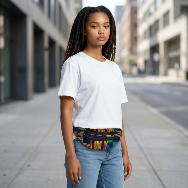 Afrikaanse print heuptasje / Fanny pack - Blauw / Oranje kente - Festival tasje met verstelbare band