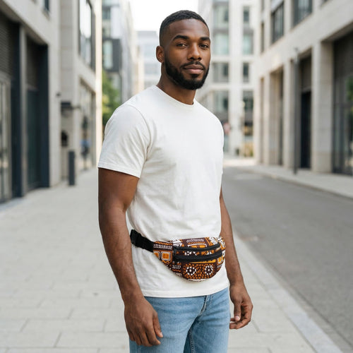 Afrikaanse print heuptasje / Fanny pack - Bruine Bogolan Patterns - Festival tasje met verstelbare band