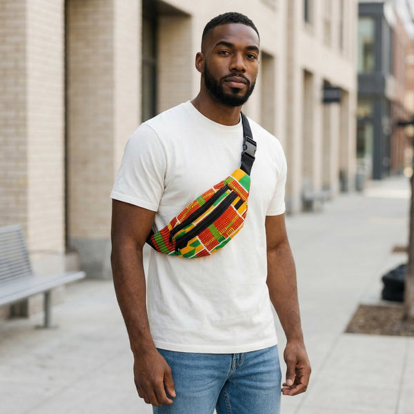 Afrikaanse print heuptasje / Fanny pack - Groen / gele kente - Festival tasje met verstelbare band