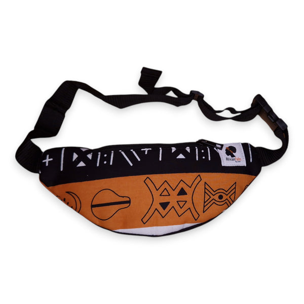 Afrikaanse print heuptasje / Fanny pack - Bruine Bogolan Symbols - Festival tasje met verstelbare band