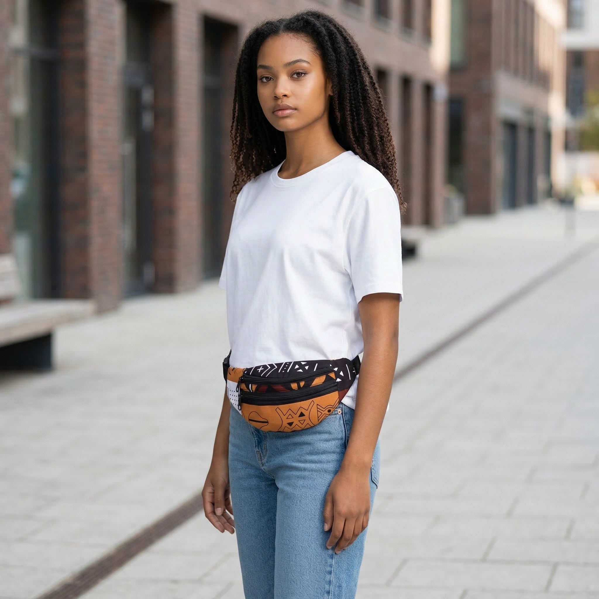 Afrikaanse print heuptasje / Fanny pack - Bruine Bogolan Symbols - Fes