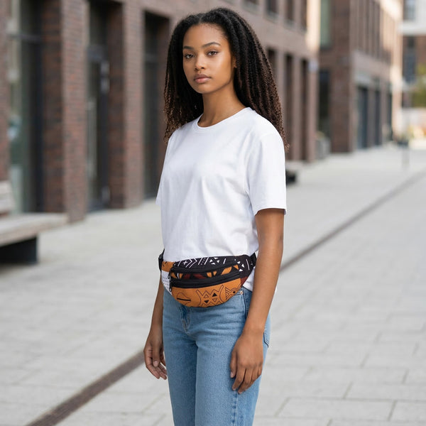 Afrikaanse print heuptasje / Fanny pack - Bruine Bogolan Symbols - Festival tasje met verstelbare band