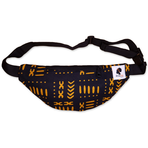 Afrikaanse print heuptasje / Fanny pack - Zwart / gele bogolan - Festival tasje met verstelbare band