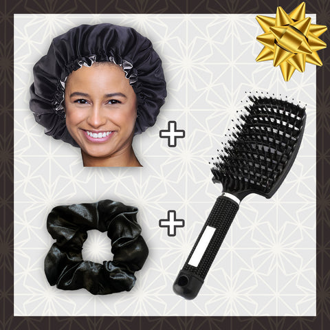 SATIN SET - Bescherm & verzorg je haar - Zwarte Satijnen Slaapmuts + Curved Detangler Haarborstel + Scrunchie