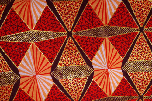 Afrikaanse stof - Exclusief versierd met glittereffecten 100% katoen - GL-4007 Rood Oranje Goud