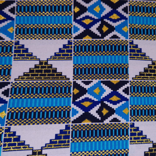 Afrikaanse stof - Exclusief versierd met glittereffecten 100% katoen - GL-4026 Blauw Goud Kente