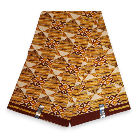 Afrikaanse stof - Exclusief versierd met glittereffecten 100% katoen - GL-4029 Mosterdgeel Bruin Goud Kente