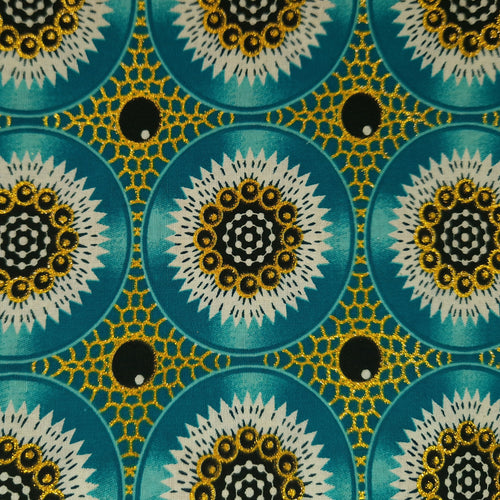 Afrikaanse stof - Exclusief versierd met glittereffecten 100% katoen - GL-4032 Turquoise Goud