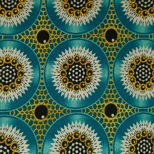 Afrikaanse stof - Exclusief versierd met glittereffecten 100% katoen - GL-4032 Turquoise Goud