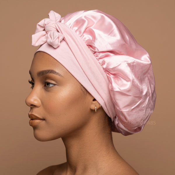 Satijnen Haar Bonnet met Banden - Roze (Satijnen Slaapmuts )