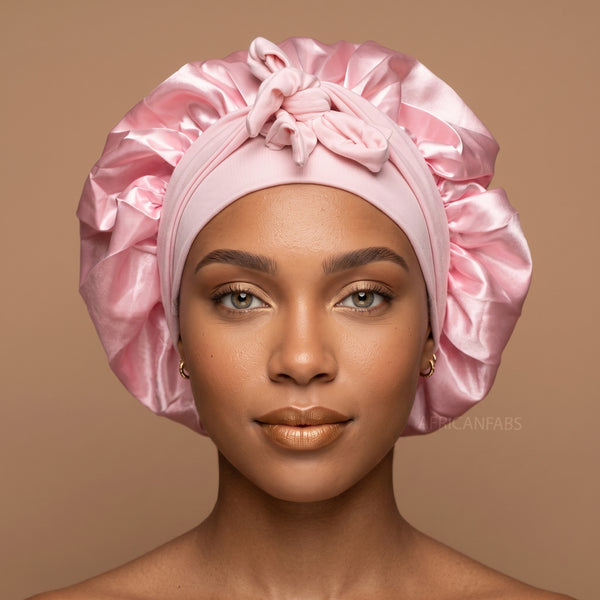 Satijnen Haar Bonnet met Banden - Roze (Satijnen Slaapmuts )