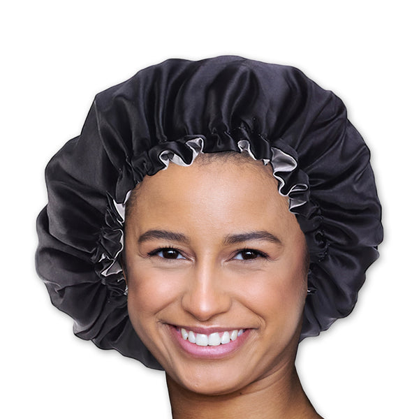 SATIN SET - Bescherm je haar & keep it dry - Zwarte Satijnen Slaapmuts + Douchemuts + Scrunchie