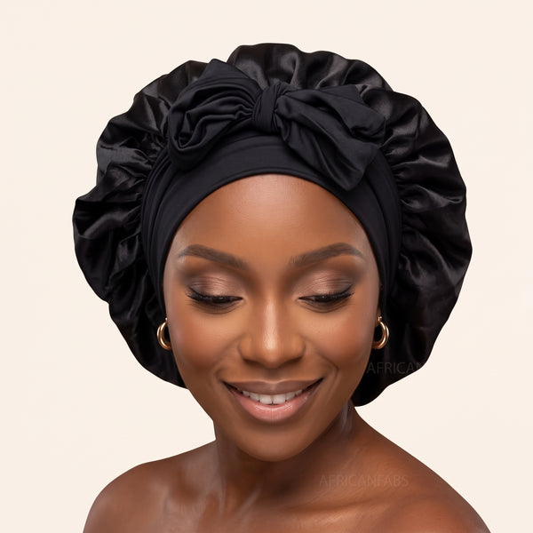 Satijnen Haar Bonnet met Banden - Zwart (Satijnen Slaapmuts )