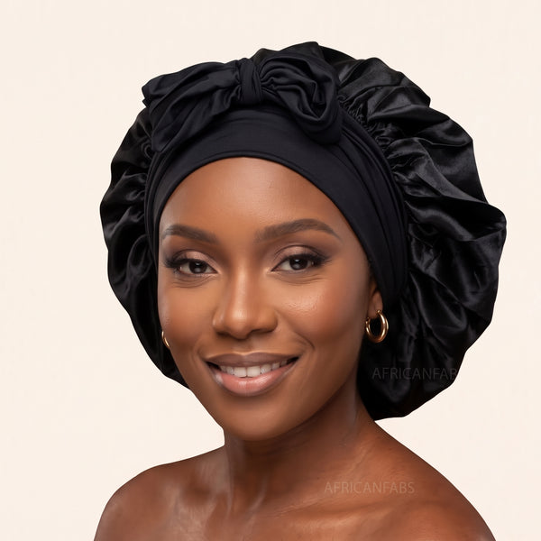 Satijnen Haar Bonnet met Banden - Zwart (Satijnen Slaapmuts )