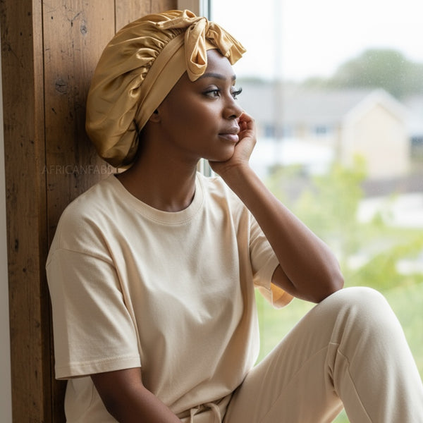 Satijnen Haar Bonnet met Banden - Kaki (Satijnen Slaapmuts )