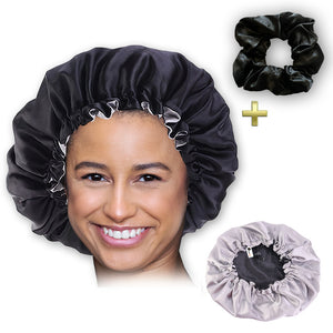 Satijnen Slaapmuts Zwart + Scrunchie / Hair Bonnet / Haar bonnet van Satijn / Satin bonnet