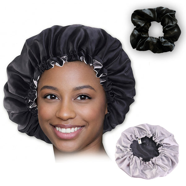 Satijnen Slaapmuts Zwart + Scrunchie / Hair Bonnet / Haar bonnet van Satijn / Satin bonnet
