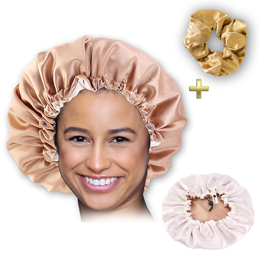 Kaki Satijnen Satijnen Slaapmuts / Haar bonnet van Satijn / Satin hair bonnet + Satijnen scrunchie