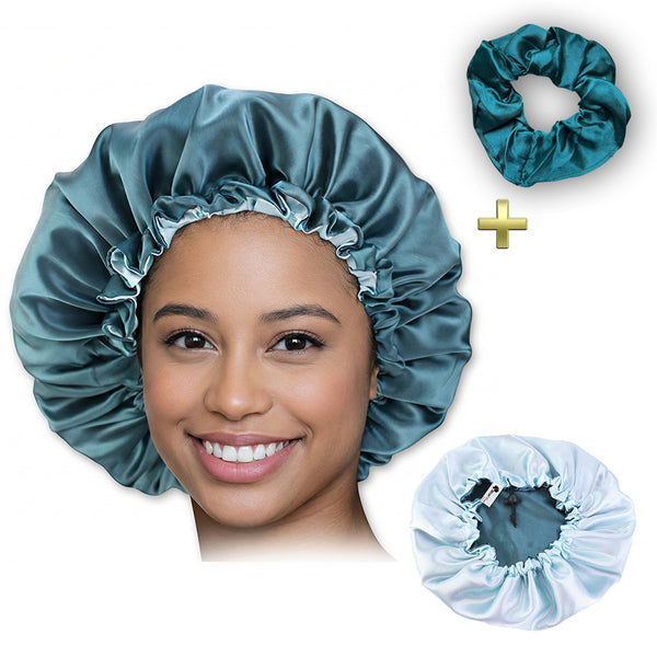 Haar Bonnet van Satijn - Satijnen Slaapmuts / Satin hair bonnet - Groen + Satijnen scrunchie