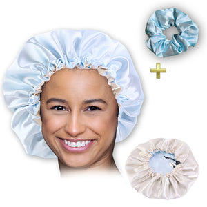 Lichtblauwe Satijnen Slaapmuts / Haar bonnet van Satijn / Satin hair bonnet + Satijnen scrunchie