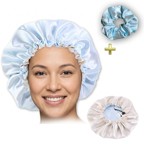 Lichtblauwe Satijnen Slaapmuts / Haar bonnet van Satijn / Satin hair bonnet + Satijnen scrunchie