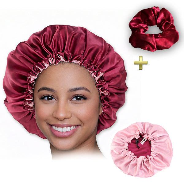 Rode Satijnen Slaapmuts / Haar bonnet van Satijn / Satin hair bonnet + Satijnen scrunchie