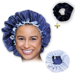 Blauwe Satijnen Slaapmuts / Haar bonnet van Satijn / Satin hair bonnet + Satijnen scrunchie