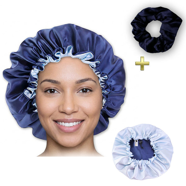 Blauwe Satijnen Slaapmuts / Haar bonnet van Satijn / Satin hair bonnet + Satijnen scrunchie