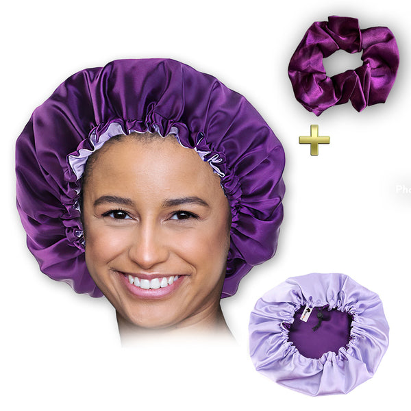 Paarse Satijnen Slaapmuts / Haar bonnet van Satijn / Satin hair bonnet + Satijnen scrunchie