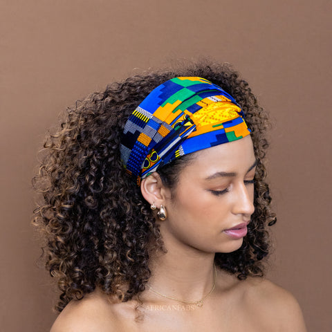Haarband / Hoofdband in Afrikaanse print - Unisex Volwassenen - Blauw / Oranje kente
