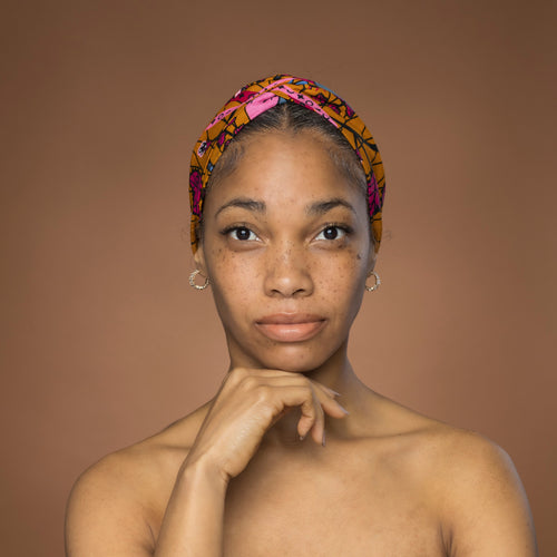 Haarband / Hoofdband in Afrikaanse print - Mosterd Roze Botanical Flow