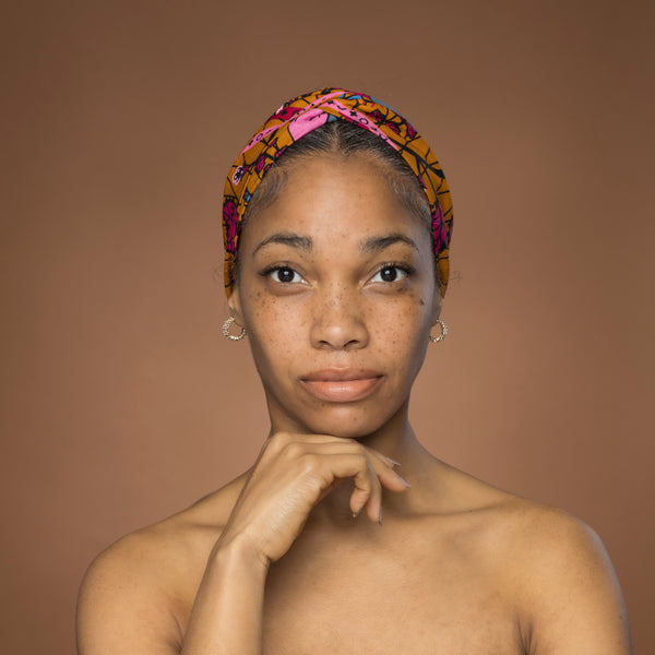 Haarband / Hoofdband in Afrikaanse print - Mosterd Roze Botanical Flow