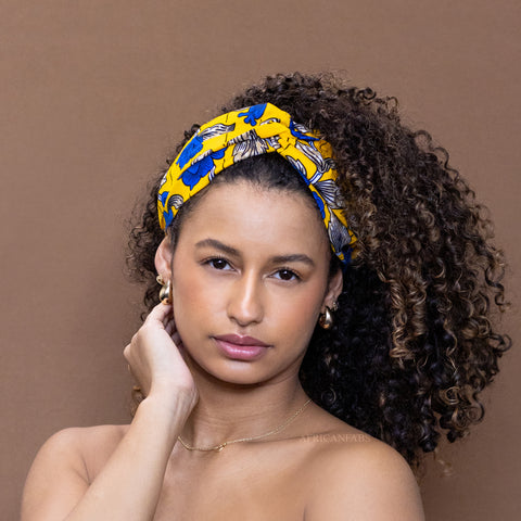 Haarband / Hoofdband in Afrikaanse print - Geel Blauwe flowers