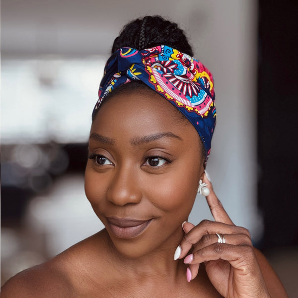 Afrikaanse Blauw Roze Paisley hoofddoek - headwrap