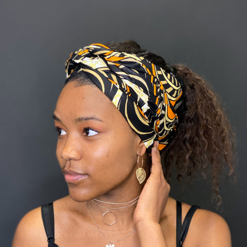 Afrikaanse hoofddoek / headwrap - Zwart / oranje Waves
