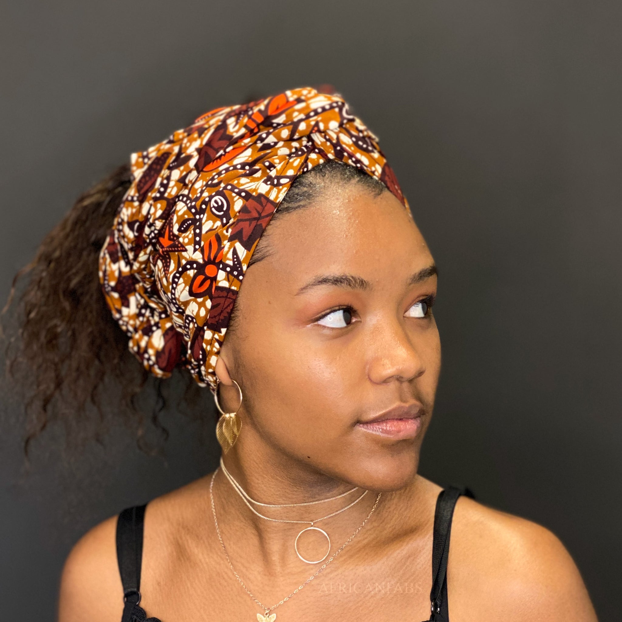 Afrikaanse hoofddoek / headwrap - Bruin / oranje leaves