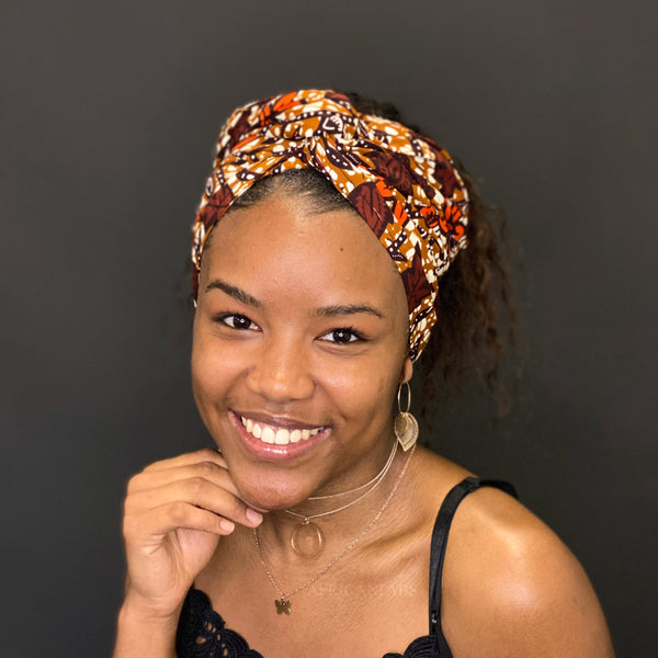 Afrikaanse hoofddoek / headwrap - Bruin / oranje leaves