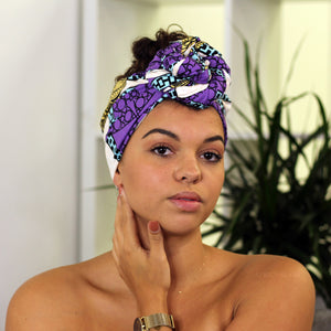 Afrikaanse hoofddoek / headwrap - Paars / wit