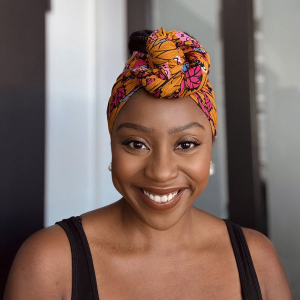 Afrikaanse Mosterd & Roze Botanical Flow hoofddoek - headwrap