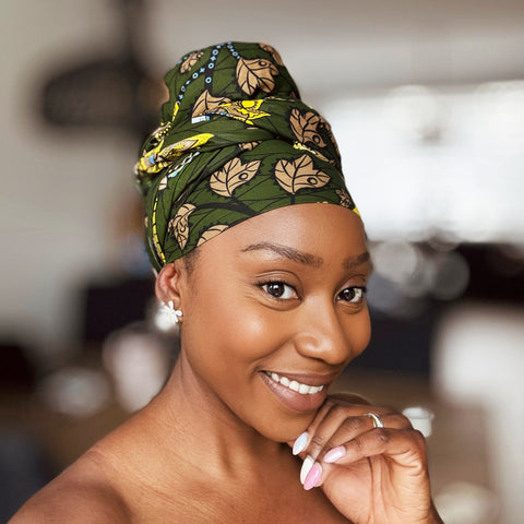 Afrikaanse Donkergroen & Geel Botanical Flow hoofddoek - headwrap
