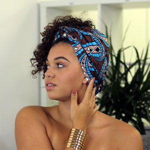 Afrikaanse hoofddoek / headwrap - Bruin / blauw