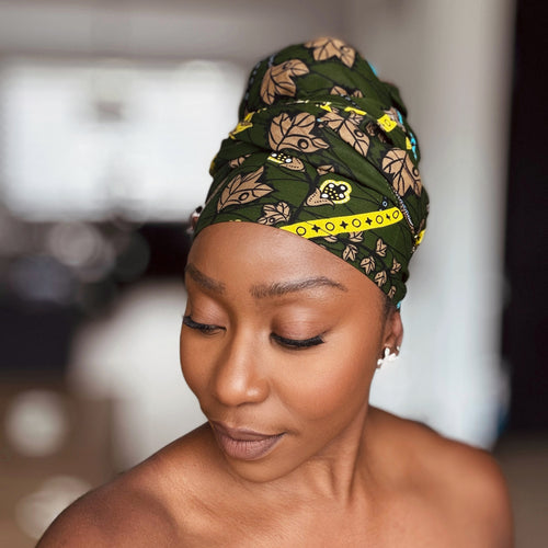 Afrikaanse Donkergroen & Geel Botanical Flow hoofddoek - headwrap