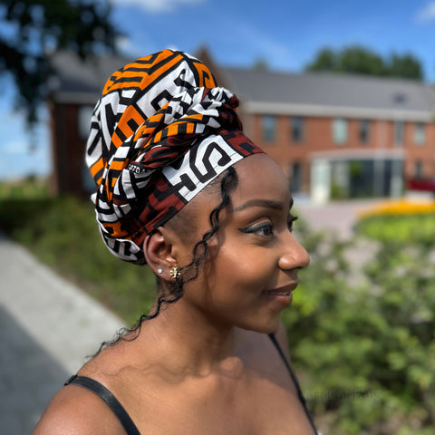 Afrikaanse Bruin & Geel-oranje Kuba Blocks Congo hoofddoek - headwrap