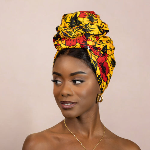 Afrikaanse Rood / gele bloem hoofddoek - headwrap