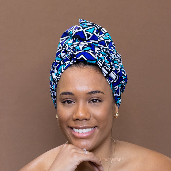 Afrikaanse Blauw / wit bogolan hoofddoek - Mud cloth headwrap