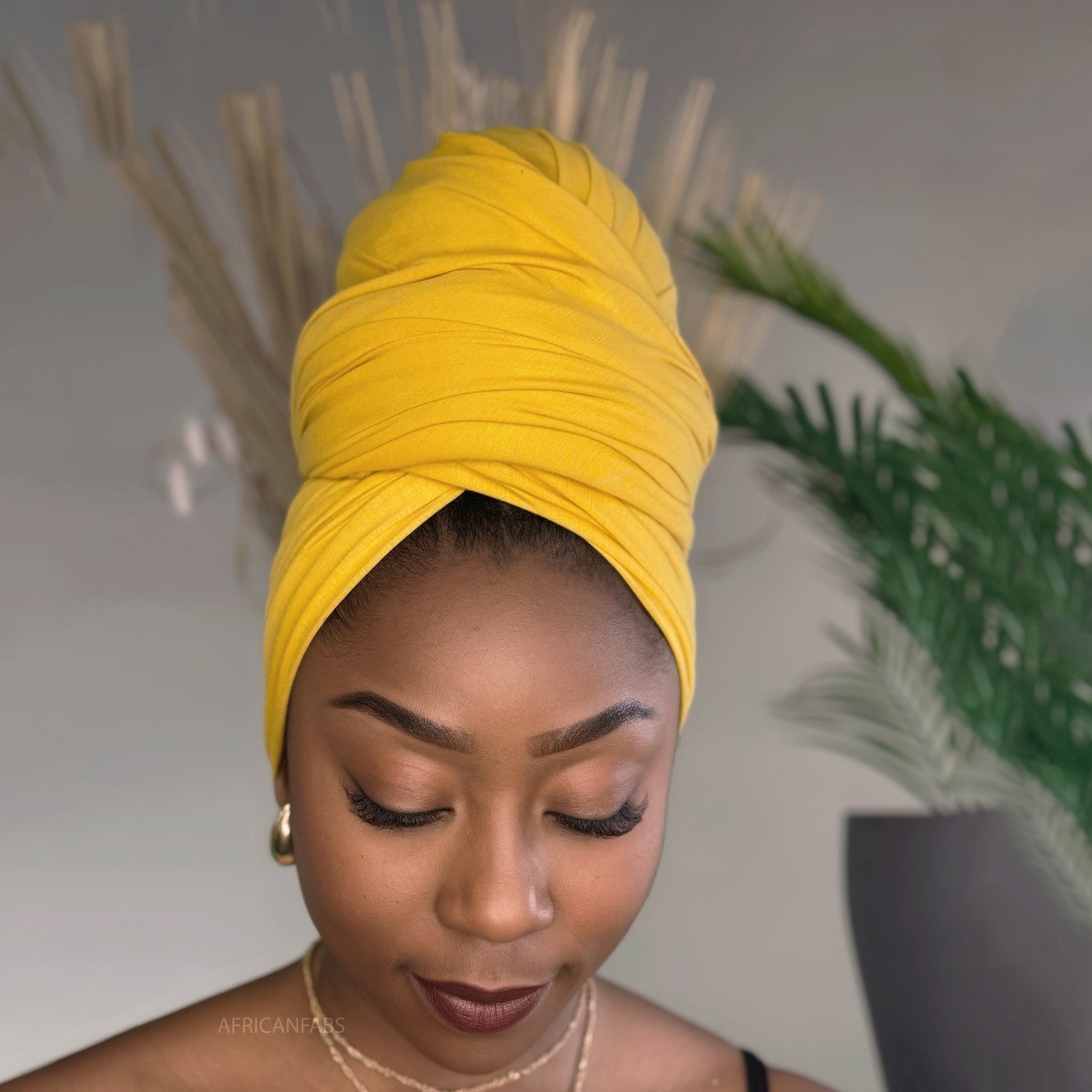 Ochre geel hoofddoek - Headwrap van stretchy Jersey stof